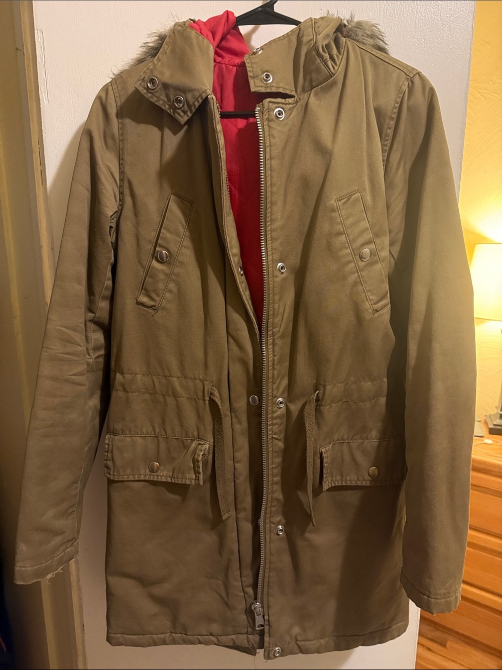 Top Shop Women’s Brown Parka Jacket with Red Lining and Hood